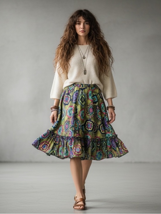 Handmade Dresses & Skirts - VTG Multicolor Abstract Geometric Tiered Ruffle Skirt - Size M